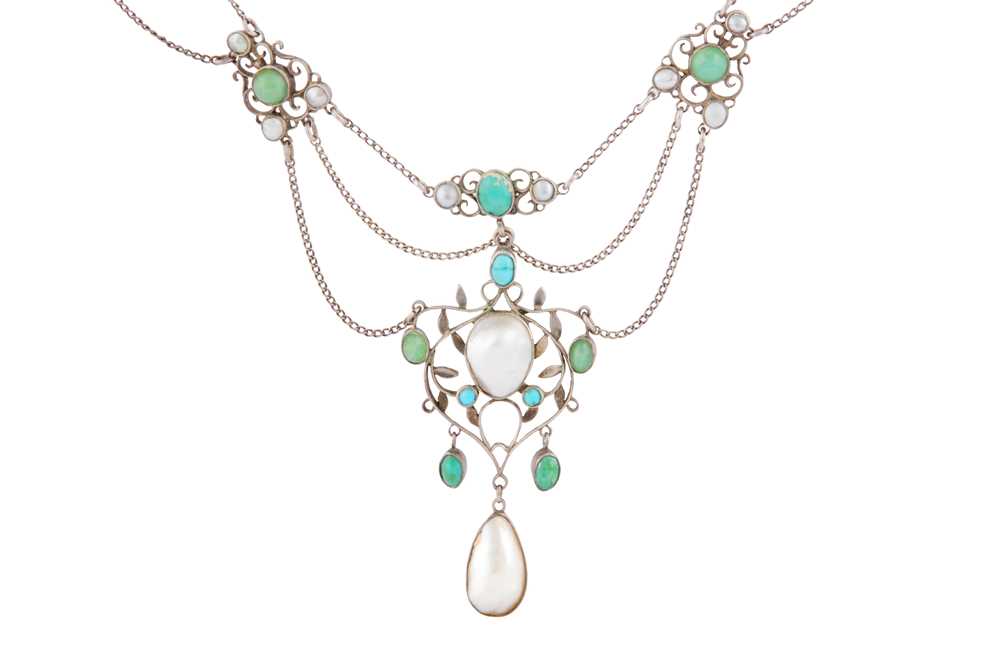 Lot 124 - A pearl, turquoise and chalcedony necklace, attributed to Arthur and Georgie Gaskin, circa 1905