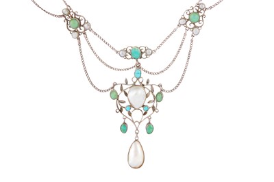 Lot 124 - A pearl, turquoise and chalcedony necklace, attributed to Arthur and Georgie Gaskin, circa 1905