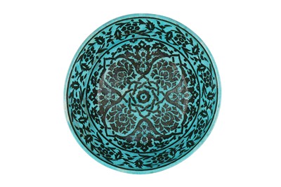 Lot 386 - A BLACK AND TURQUOISE-PAINTED 'DOME OF THE ROCK' STYLE POTTERY BOWL