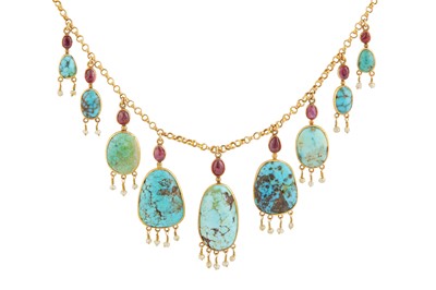 Lot 119 - A turquoise, ruby and pearl necklace, early 20th century