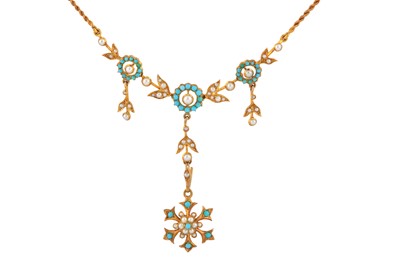 Lot 162 - A turquoise and seed pearl pendant necklace, early 20th century