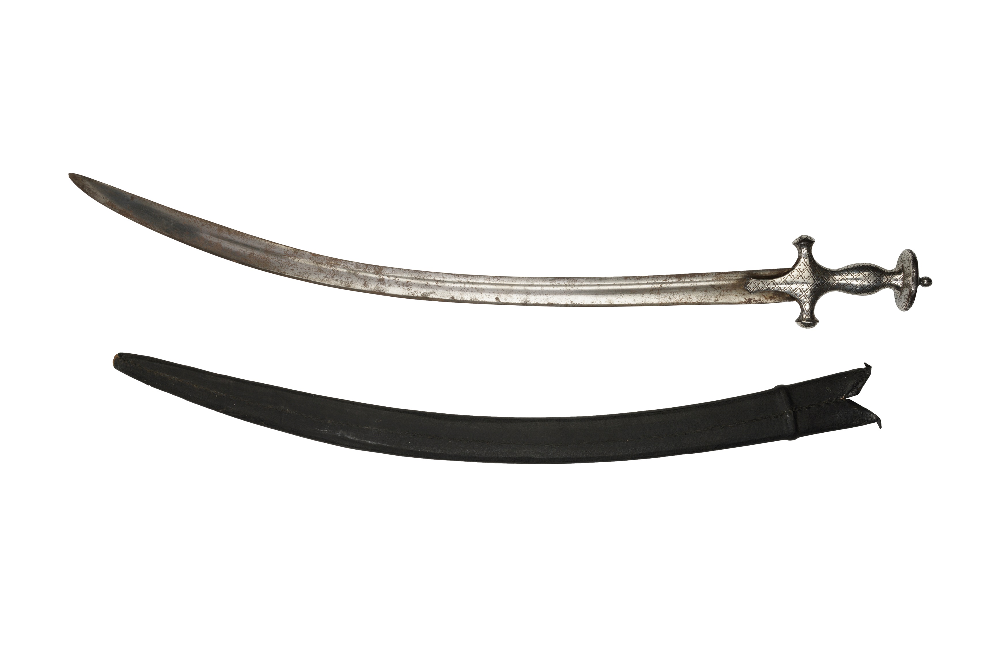 Lot 277 - A SILVER-INLAID STEEL TULWAR SWORD WITH GOLD