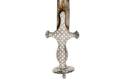 Lot 277 - A SILVER-INLAID STEEL TULWAR SWORD WITH GOLD TRISULA MARK
