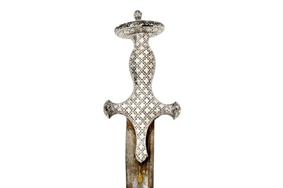 Lot 277 - A SILVER-INLAID STEEL TULWAR SWORD WITH GOLD TRISULA MARK