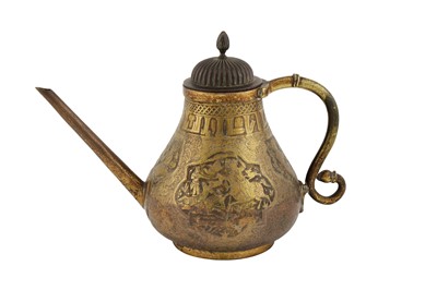 Lot 159 - A CAST AND ENGRAVED 'ZAND-REVIVAL' BRASS EWER WITH FIGURAL DECORATION