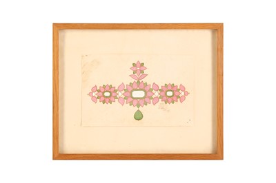 Lot 293 - A POLYCHROME-PAINTED SKETCH OF AN INDIAN GEM-SET SARPECH TURBAN ORNAMENT