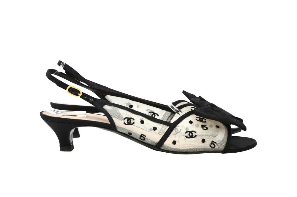 Lot 432 - Chanel Black Mesh Bow Heeled Sling Back - Size 42