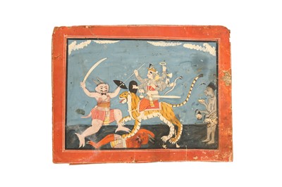 Lot 337 - TWO INDIAN PAINTINGS: DURGA SLAYING THE WHITE DIV AND KRISHNA AND BALRAM PLAYING