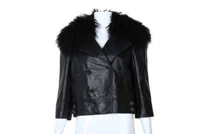 Lot 553 - Dolce & Gabbana Black Leather Fur Collar Jacket - Size 42