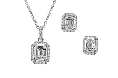 Lot 42 - A diamond pendant necklace and earring suite