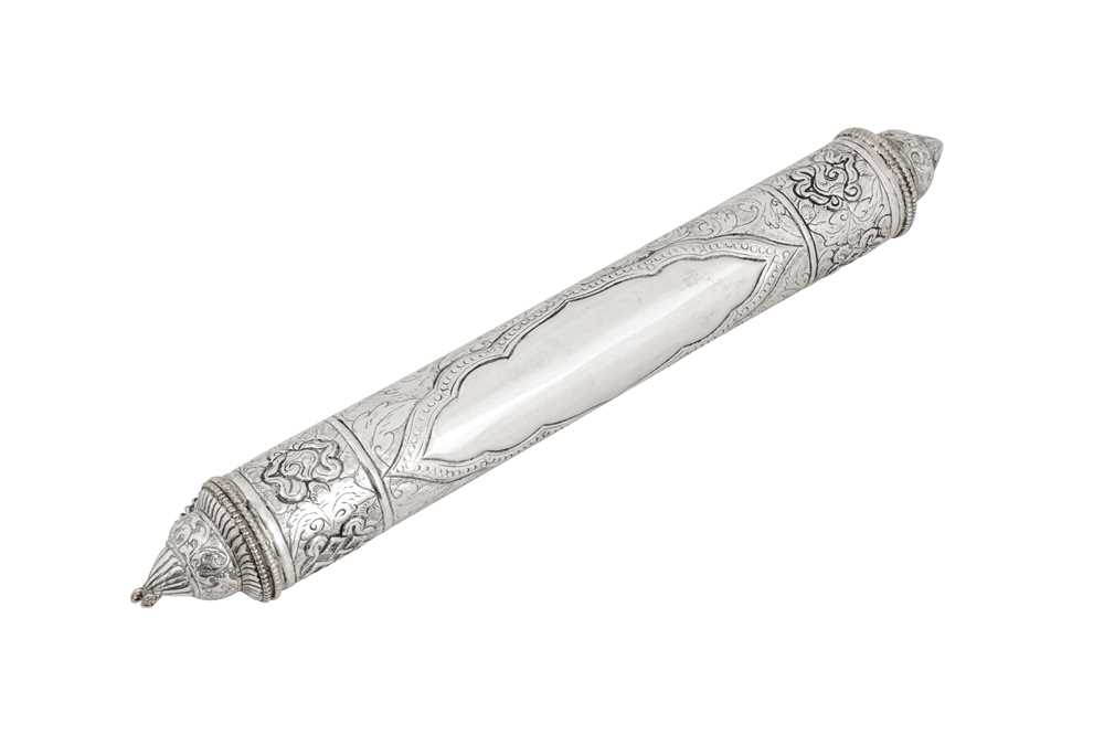 Lot 195 - A mid-20th century Tibetan unmarked silver scroll holder, circa 1950