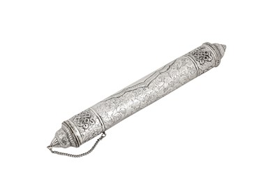 Lot 195 - A mid-20th century Tibetan unmarked silver scroll holder, circa 1950
