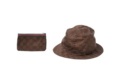 Lot 203 - Gucci Brown GG Monogram Bucket Hat and Pouch - Size M