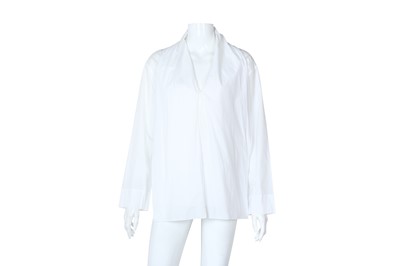 Lot 456 - Hermes White Poplin Tie Collar Blouse - Size 38