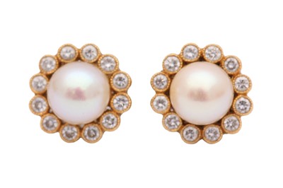 Lot 1040 - A PAIR OF CULTURED PEARL AND DIAMOND EARSTUDS