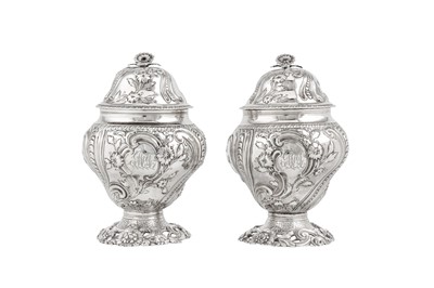 Lot 493 - A pair of early George III sterling silver tea caddies, London 1763 by Samuel Taylor (reg. 3rd May 1744)