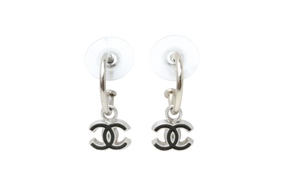 Lot 596 - Chanel Black CC Drop Hoop Pierced Earrings