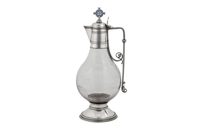 Lot 400 - A Victorian sterling silver and enamel mounted glass ecclesiastical flagon or ewer, London 1869 by Charles Hart (reg. 3rd August 1857) of Hart, Son, Peard and Co