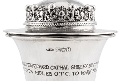 Lot 334 - A George V ‘Arts and Crafts’ sterling silver covered goblet, London 1915 by Omar Ramsden & Alwyn Carr