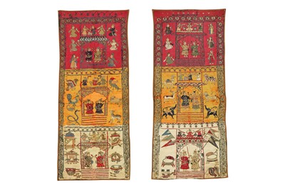 Lot 507 - TWO INDIAN EMBROIDERED SILK PANELS WITH FIGURAL DECORATION