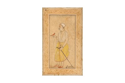 Lot 309 - A STANDING PORTRAIT OF A MUGHAL NOBLEMAN WITH A CRUTCH