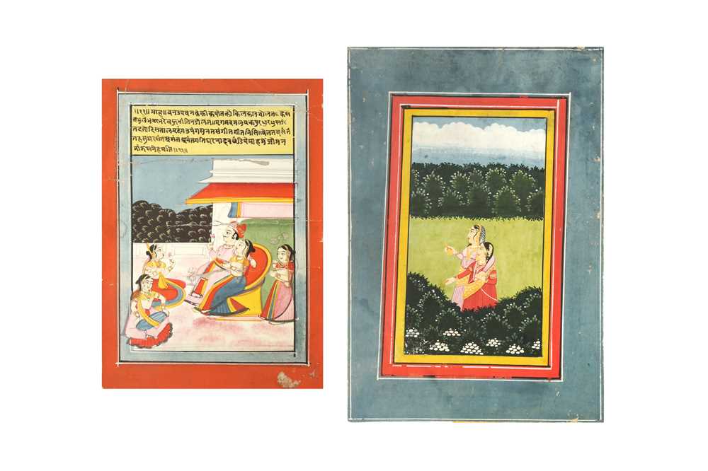 Lot 341 - TWO MEWAR PAINTINGS: A ROYAL COUPLE ON A TERRACE AND TWO MAIDENS IN THE WILDERNESS