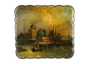 Lot 288 - A POLYCHROME-PAINTED LACQUERED BOX WITH VIEWS OF INDIA AND EUROPE