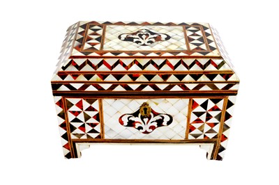 Lot 451 - λ AN OTTOMAN MOTHER-OF-PEARL, TORTOISESHELL, AND BONE-INLAID WOODEN DOWRY CASKET