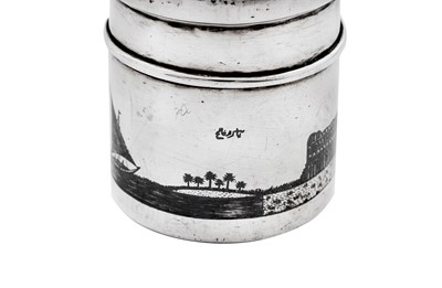Lot 234 - An early 20th century Iraqi silver and niello jar or tea caddy, circa 1930 signed Omara Salih