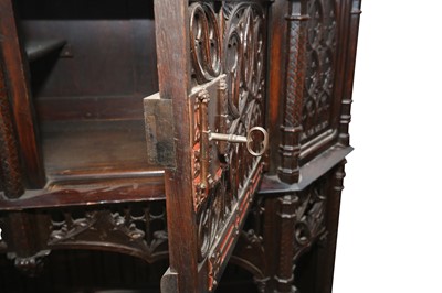 Lot 199 - AN OAK GOTHIC REVIVAL CREDENCE CUPBOARD, EARLY 20TH CENTURY