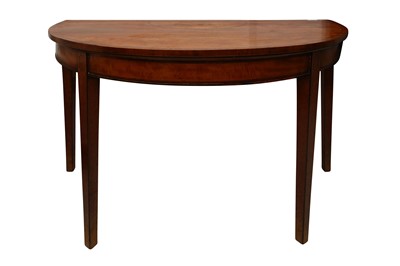 Lot 166 - A GEORGE III SHERATON-STYLE SATINWOOD DEMI-LUNE CONSOLE TABLE