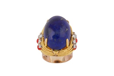 Lot 56 - λ A coral, lapis lazuli and diamond dress ring