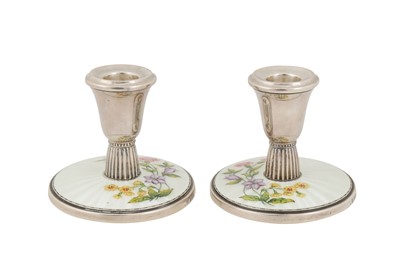 Lot 82 - A pair of Elizabeth II sterling silver and painted guilloche enamel dwarf candlesticks, Birmingham 1964 by Barker Ellis and Co