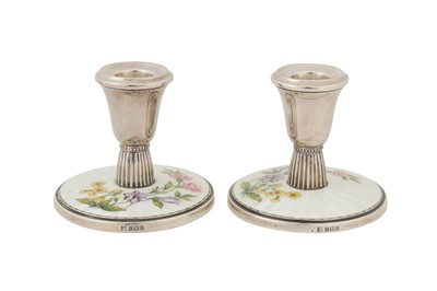 Lot 82 - A pair of Elizabeth II sterling silver and painted guilloche enamel dwarf candlesticks, Birmingham 1964 by Barker Ellis and Co