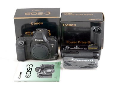 Lot 188 - A Canon EOS 3 Film Cameras & Power Drive Booster, As New.