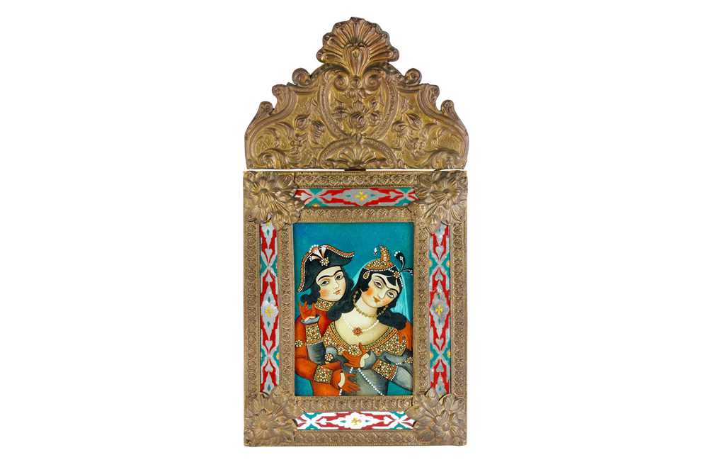 Lot 152 - A REVERSE GLASS POLYCHROME-PAINTED PANEL WITH A QAJAR COUPLE