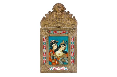 Lot 152 - A REVERSE GLASS POLYCHROME-PAINTED PANEL WITH A QAJAR COUPLE