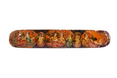 Lot 151 - TWO LACQUERED PAPIER-MÂCHÉ PEN CASES (QALAMDAN) WITH WINGED ANGELS AND QAJAR MAIDENS