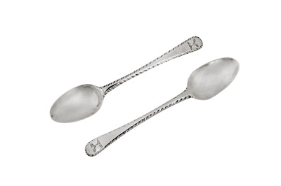 Lot 315 - Huguenot interest – A rare pair of George III silver teaspoons, London circa 1770 by Judith Callard (active C. 1768-72), additionally struck for Abraham Barrier and Louis Ducommieu