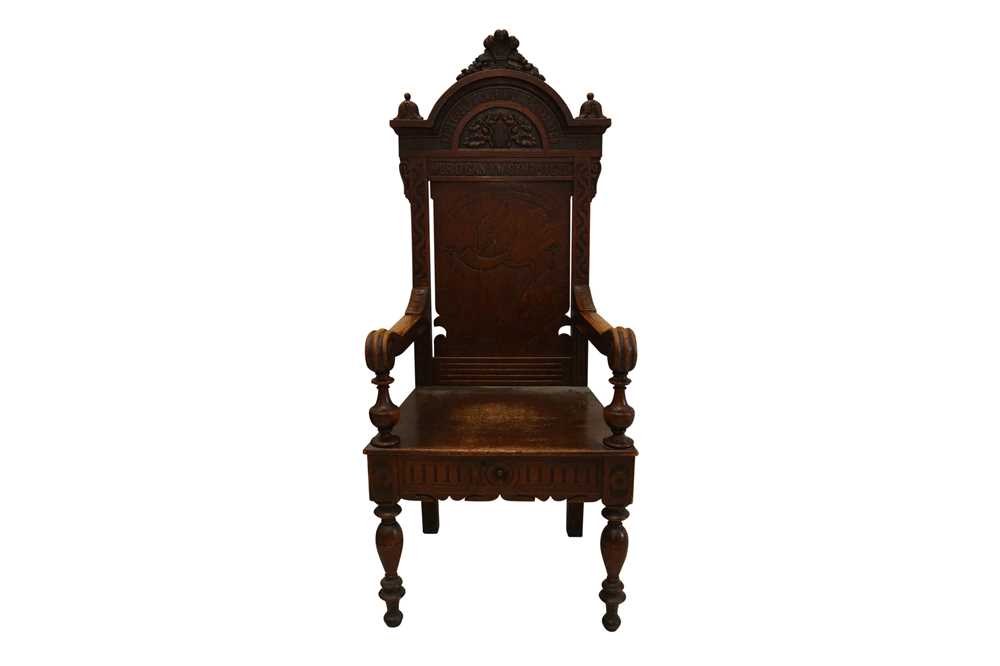 Lot 201 - A LATE VICTORIAN WELSH OAK EISTEDDFOD BARDIC CHAIR