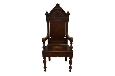 Lot 201 - A LATE VICTORIAN WELSH OAK EISTEDDFOD BARDIC CHAIR