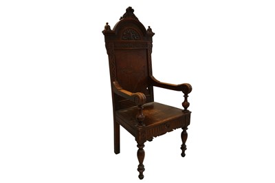 Lot 201 - A LATE VICTORIAN WELSH OAK EISTEDDFOD BARDIC CHAIR