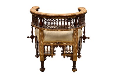 Lot 460 - A STAINED WOOD AND BONE-INLAID MASHRABIYA LOW CHAIR