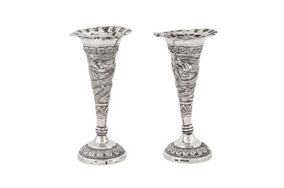 Lot 172 - A pair of early 20th century Chinese Export unmarked silver posy vases, Canton circa 1920