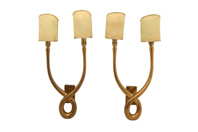 Lot 401 - PORTA ROMANA; A PAIR OF BRASS CROSS BASE WALL LIGHTS