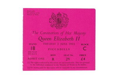 Lot 59 - TICKET TO THE CORONATION OF QUEEN ELIZABETH II, 2 JUNE 1953