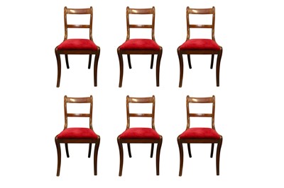 Lot 172 - A SET OF SIX REGENCY STYLE BAR BACK MAHOGANY AND BRASS INLAID DINING CHAIRS