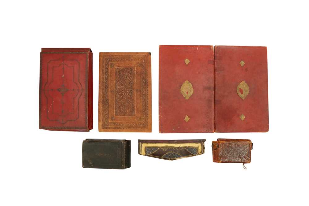 Lot 67 - FIVE LEATHER BOOK BINDINGS AND A GILT AND TOOLED FLAP SECTION