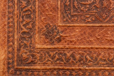 Lot 67 - FIVE LEATHER BOOK BINDINGS AND A GILT AND TOOLED FLAP SECTION