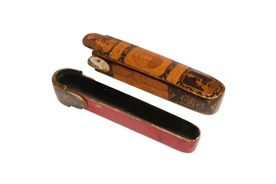 Lot 65 - THREE LACQUERED PAPIER-MÂCHÉ PEN CASES WITH DECOUPAGED PHOTOGRAPHS AND WESTERN CHROMOLITHOGRAPHS